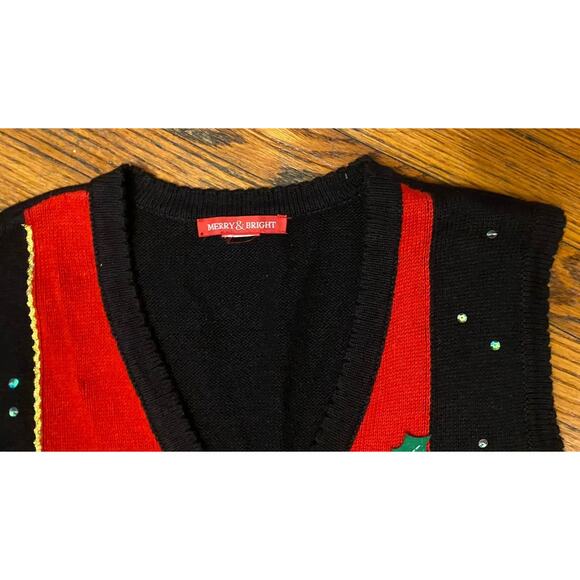 Vintage Christmas Ugly Sweater Cardigan Appliqué Jewels Women M/L Merry & Bright - Picture 2 of 6